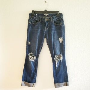 Cabi Distressed Dark Wash Low Rise Cropped Jeans